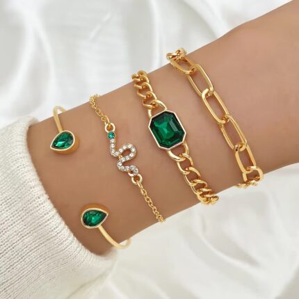 Four Pieces Green Square Zircon Snake Bracelet